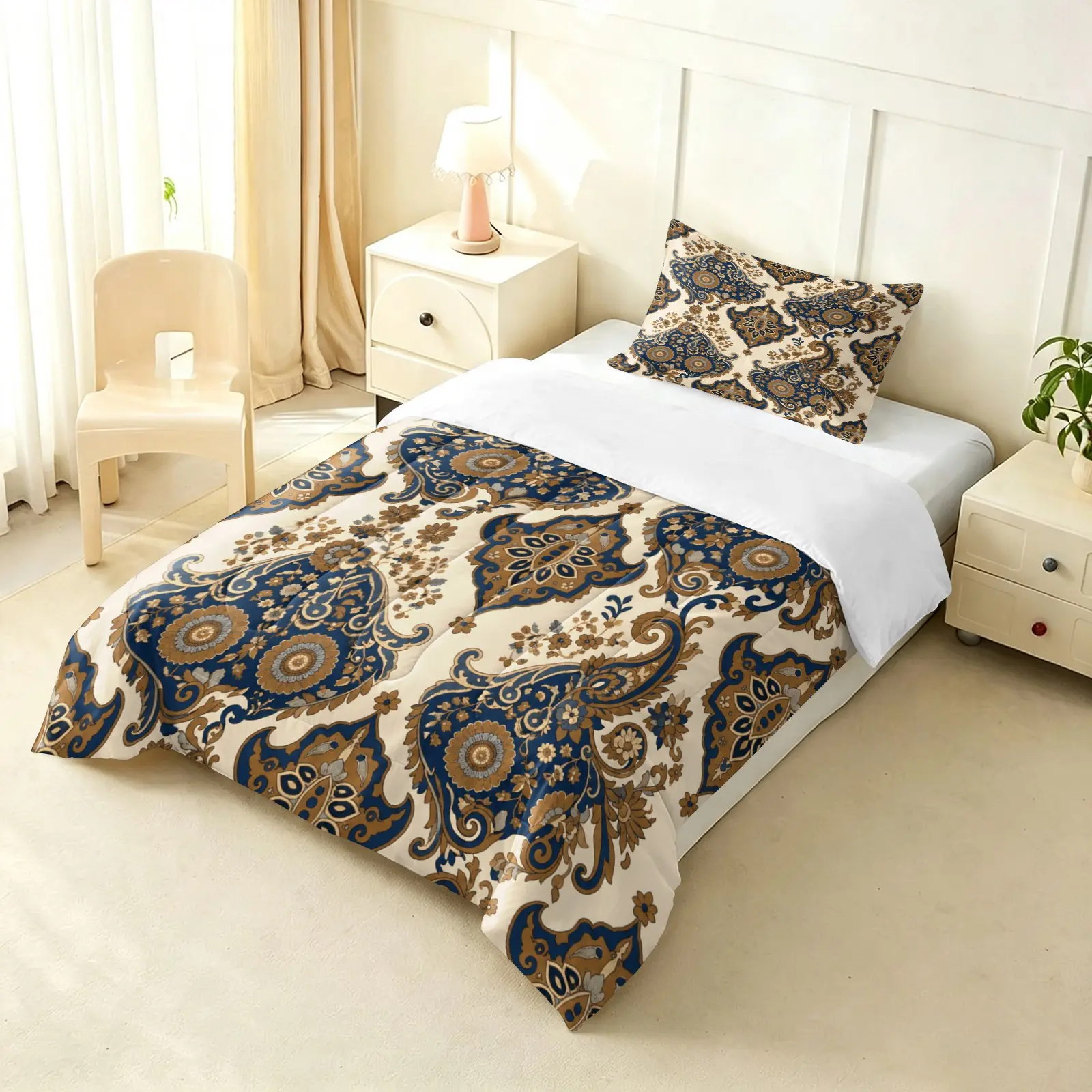 3-Piece Vintage Paisley Quilt Set, Soft Comfortable Bedding, Includes 1 Blanket & 2 Pillowcases, Ideal for Bedroom & All Seasons