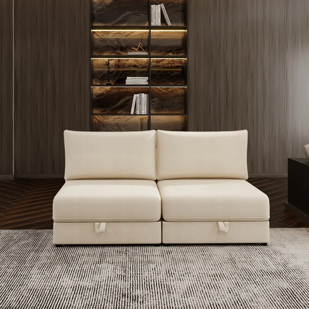 Modular Sectional Sofa with Storage, Convertible 2 Seater Sleeper Sofa Couch, Folding Fabric Loveseat with Hidden Storage Seats for Living Room, Apartment, Bedroom (Beige)