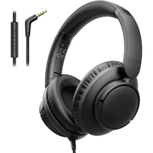 Wired Headphones with Microphone, Over Ear Lightweight Foldable 3.5mm Plug in Corded Headphones Wired with Volume Control, 4.9ft -Free Cord for Tablet Laptop MP3/4 School Travel Black