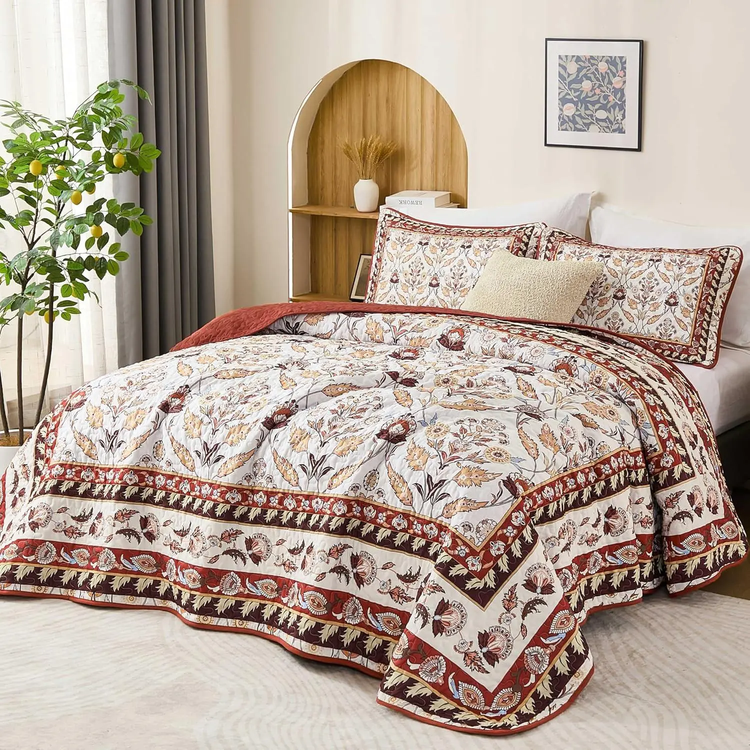 Size Quilt Sets, Burgundy Floral Quilt Set  3 count Red Boho Bedspread Coverlet Set with 2 Pillowcases Soft Lightweight Microfiber Bedding for   (104"x90")