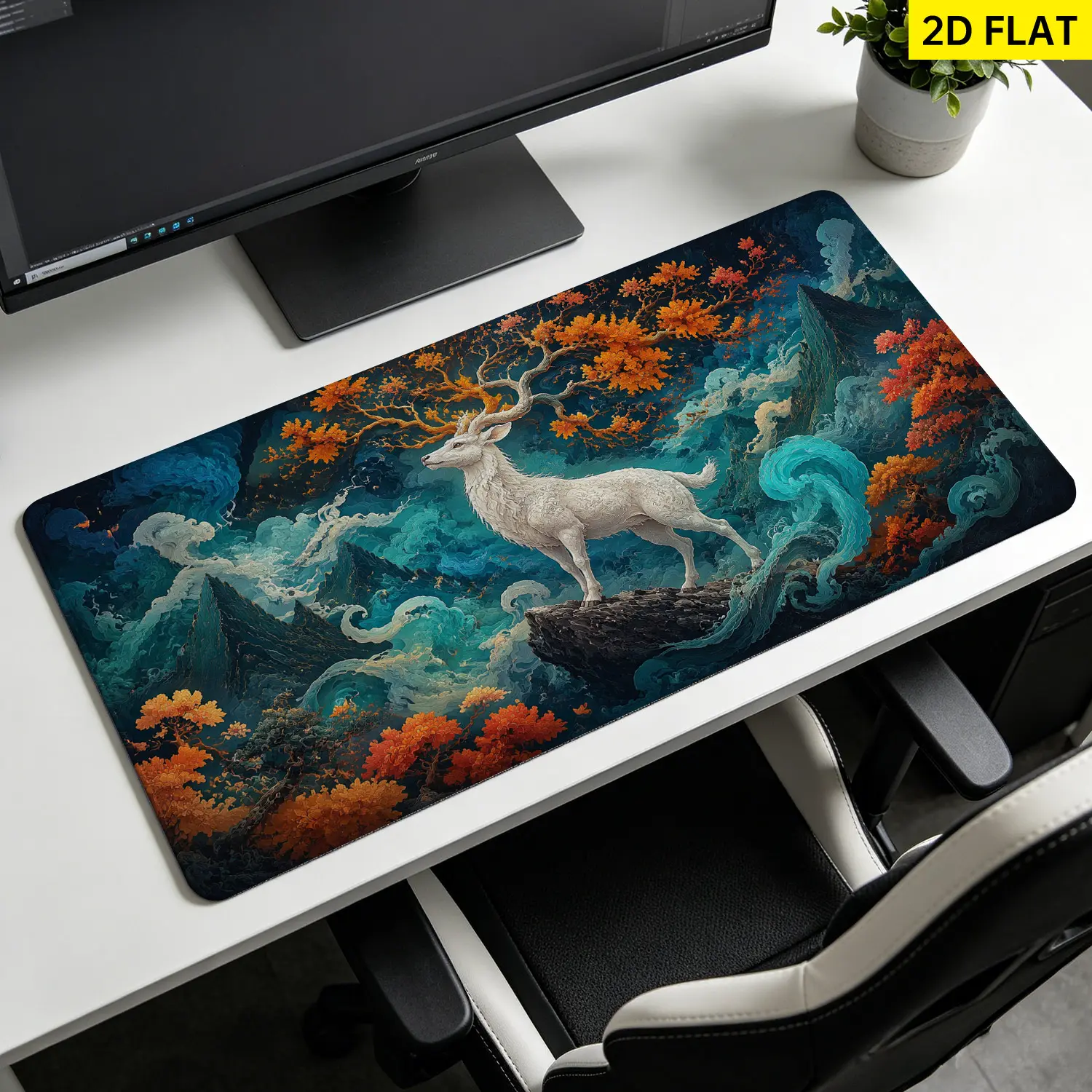 4Pcs Mystic Deer Wave Shower Curtain Set, Bathroom Set with 12 Hooks, Non Slip Bathroom Rug Mat, Toilet UShape Mat, Toilet Lid Cover Pad, Fantasy Home Decor, Artistic Bathroom Decor, Modern Bath Set