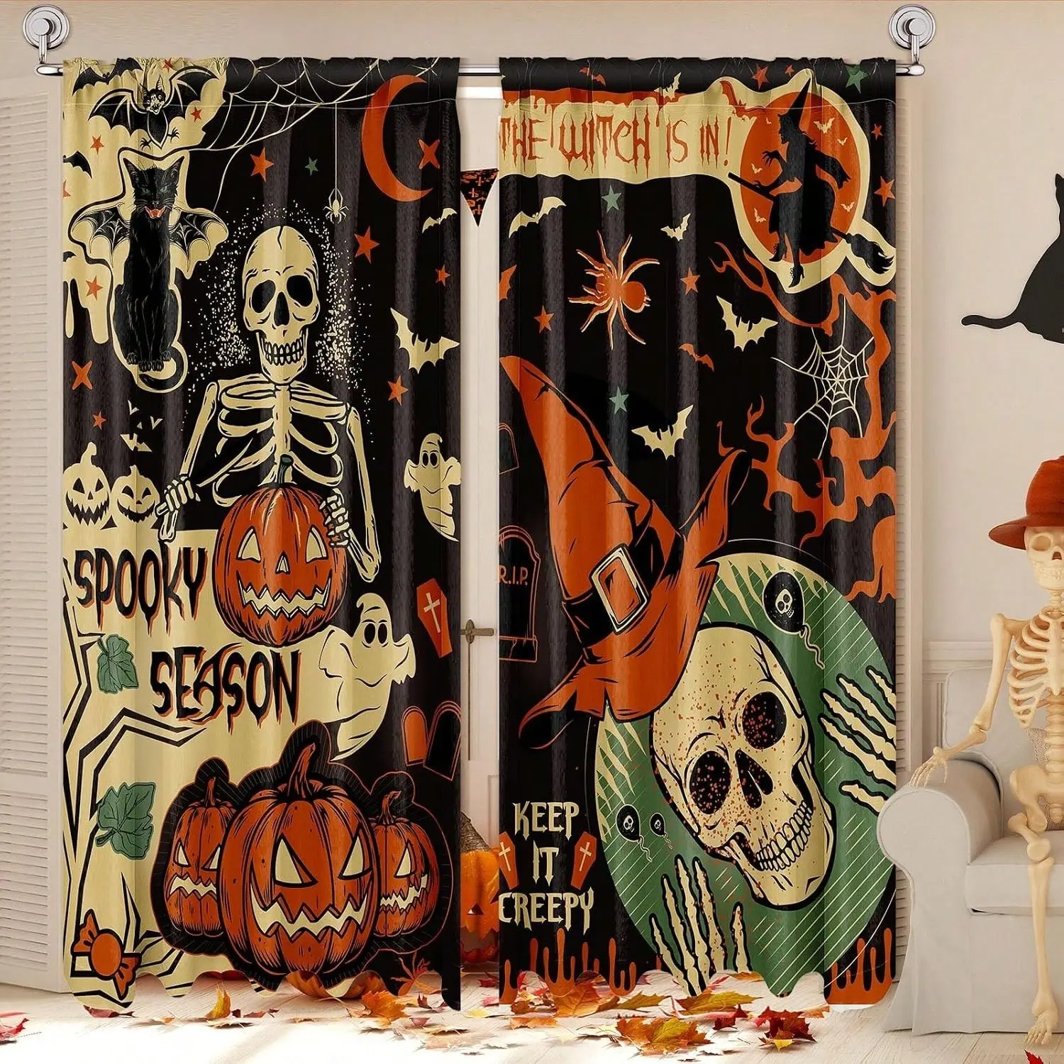 2 pieces are installed using pocket rod method. This digital skeleton witch pumpkin black cat printed curtain is suitable for living room, closet, bedroom, study, dining room and home decoration.