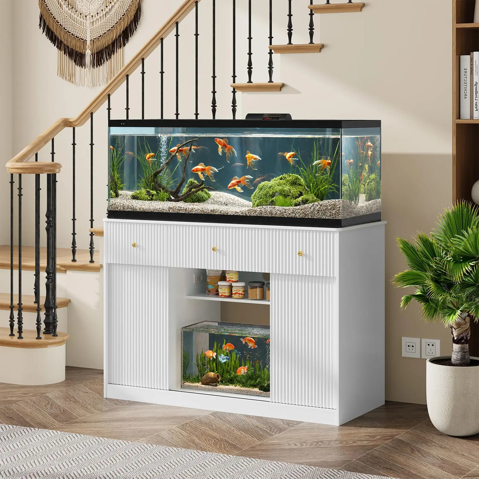 55-75 Gallon Aquarium Stand with Power Outlet, Dual Tank Storage Cabinet with Drawers, Modern White Sliding Barn Door Furniture, 132x51cm