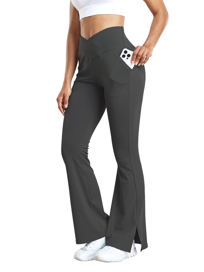 Women's Minimalist Basic Cross Wrap High Waist Pocket Flare Leg Leggings, Pants for Women, Going Out Bottoms, Casual Comfy V-cut Waist Skinny Bell Bottom Pants, Flared Leggings, Work Pants Women, Tummy Control Legging