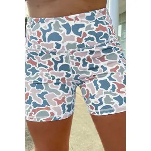 Blue Abstract Camo Printed Seam Detail Biker Shorts