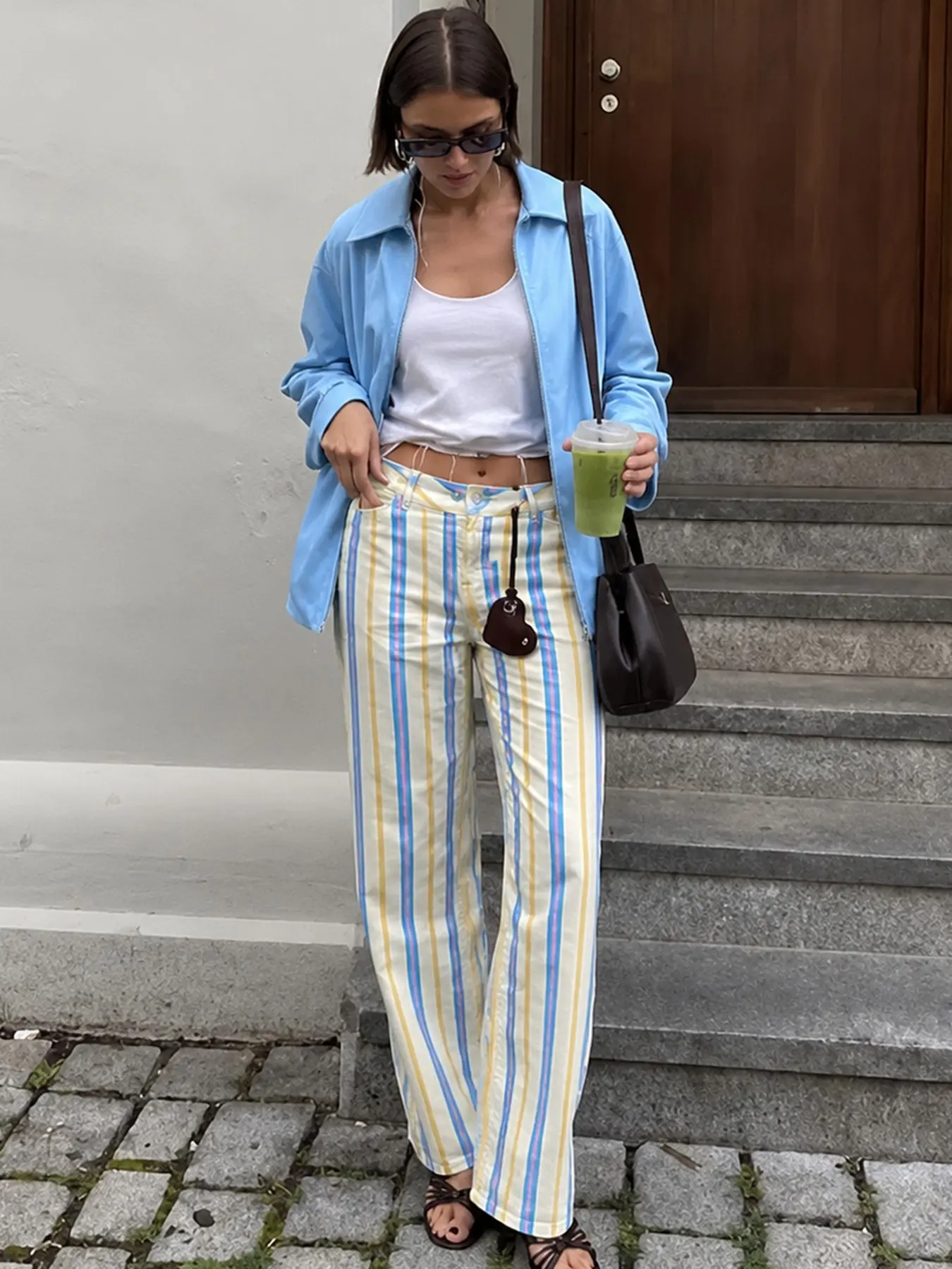 Women's Jeans Rainbow Striped Pants Y2k Straight Leg Low Waisted Long Pants For Women Office Commutes Trousers For Spring & Fall Woman Fashion Street Style Pant Female Casual Vacation Trousers Aesthetic Woven Bottoms