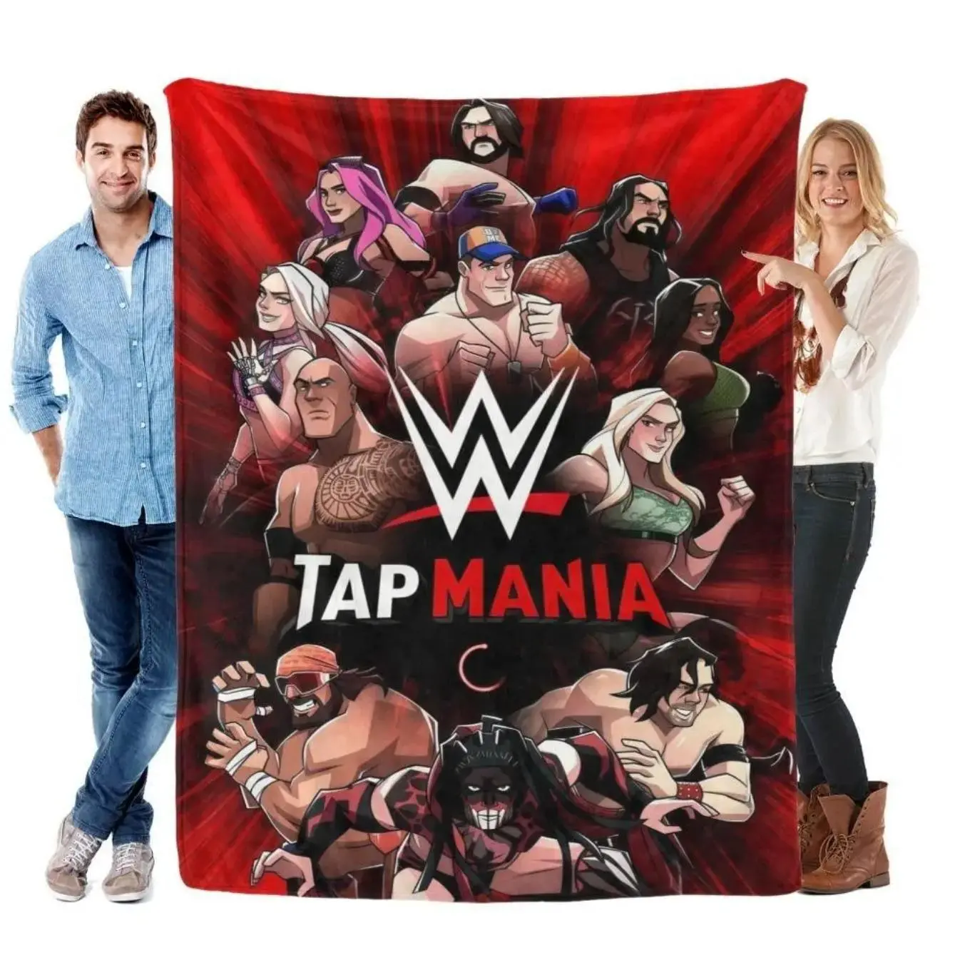 WWE Tap Mania Cartoon Superstar Print Throw Blanket - Soft Lightweight Flannel All-Season Bedspread, Superstar Group Illustration, Cozy Couch Travel Nap Blanket, Perfect Holiday Birthday Gift for Wrestling Sports Fans, Garden, Polyester Fabric