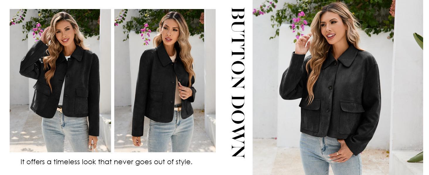 Imily Bela Womens Faux Suede Leather Jackets Casual Cropped Coats Vintage Button Down Shackets