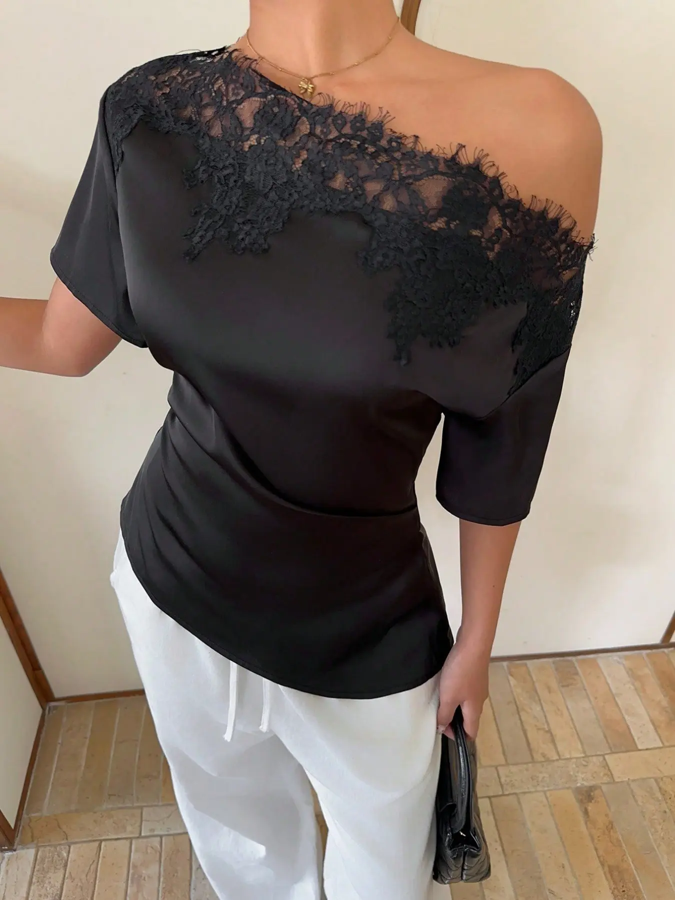 French Chic Lace Patchwork Satin Top, Sensual Asymmetrical Shoulder Slimming Slinky Shirt, Elegant and Alluring Women's Blouse, Blouse Tops