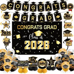 Graduation Decorations 2026 Gold Set - Grad Decor with Congrats Grad Banner, Class of 2026 Backdrop, Balloons, Honeycomb & Streamers Kit - Graduation Party Supplies for High School & College Celebrations