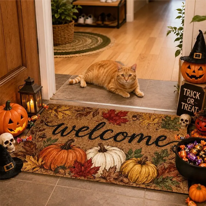 Fall Welcome Doormat, Pumpkin & Maple Leaf Autumn Harvest Entry Rug, Non-Slip Front Door Mat for Thanksgiving Halloween Decoration