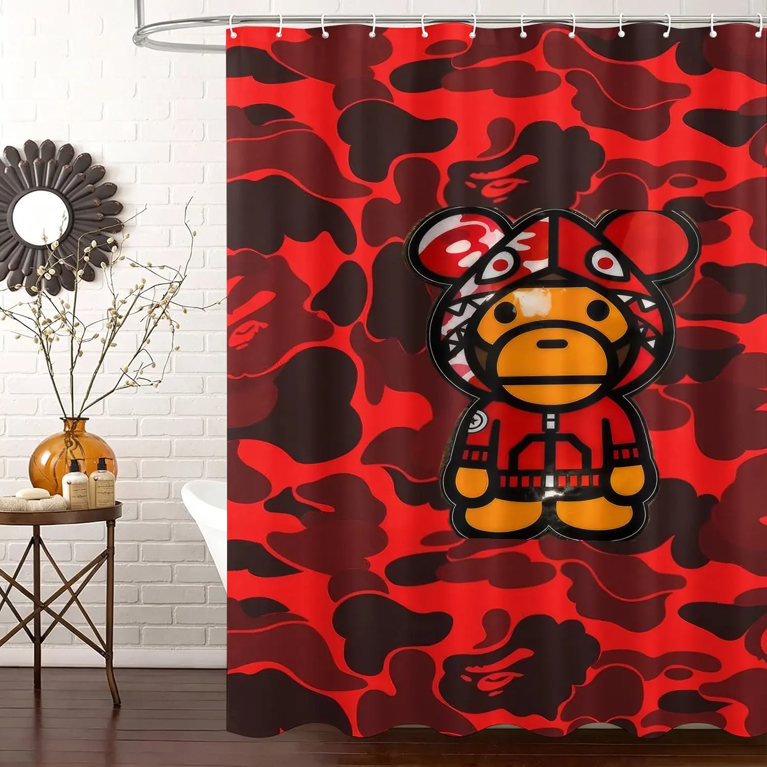 Red Camo Monkey Pattern Shower Curtain, Pretty Shower Curtain, Trendy Street Style Bathroom Curtain, Waterproof, Free Plastic Curtain Hooks Included, Machine Washable