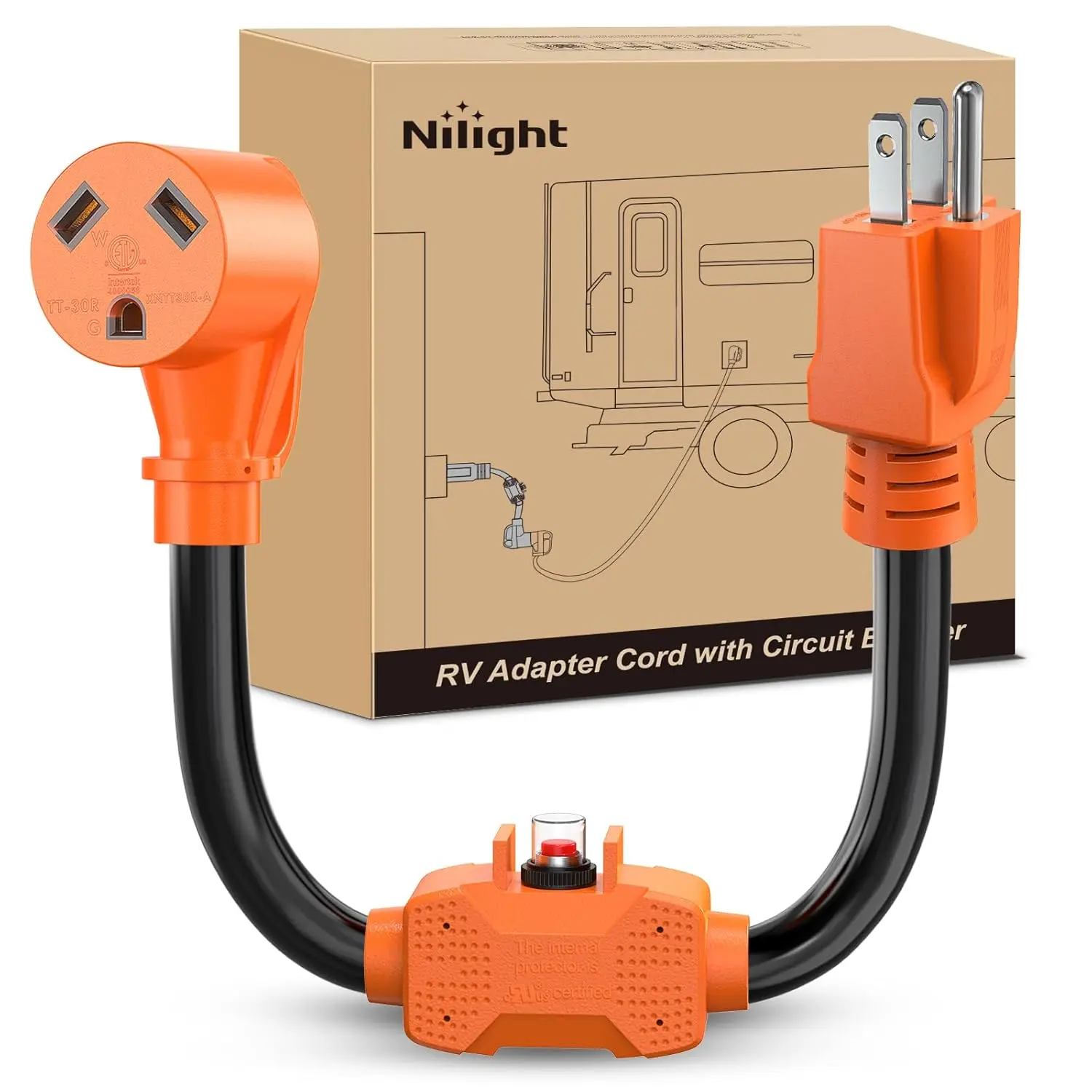 Nilight 30A RV Power Adapter Cord - 10-Gauge Pure Copper Wire, 15A to 30A Plug, 1875W 125V Rated, ETL Listed, NEMA 5-15P to NEMA TT-30R Female, 18in Rainready Water-Resistant Flame-Retard PVC, Circuit Breaker Overload Protector for RVs, Campers, 110V