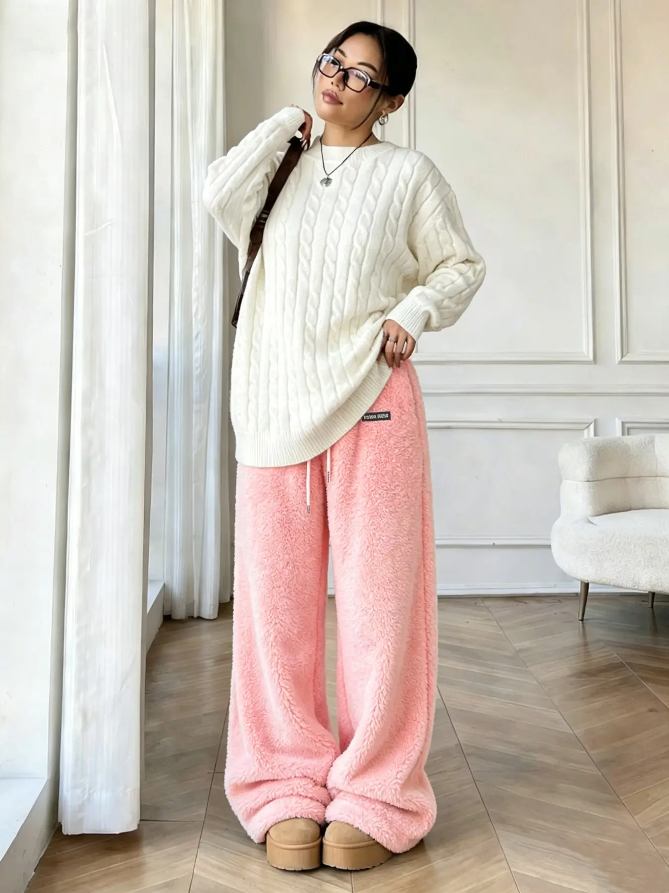 Women's Casual Loose-Fit Set, Cream Color Drop Shoulder Round Neck Sweater + Velvet Wide Leg Pants, Fall Winter