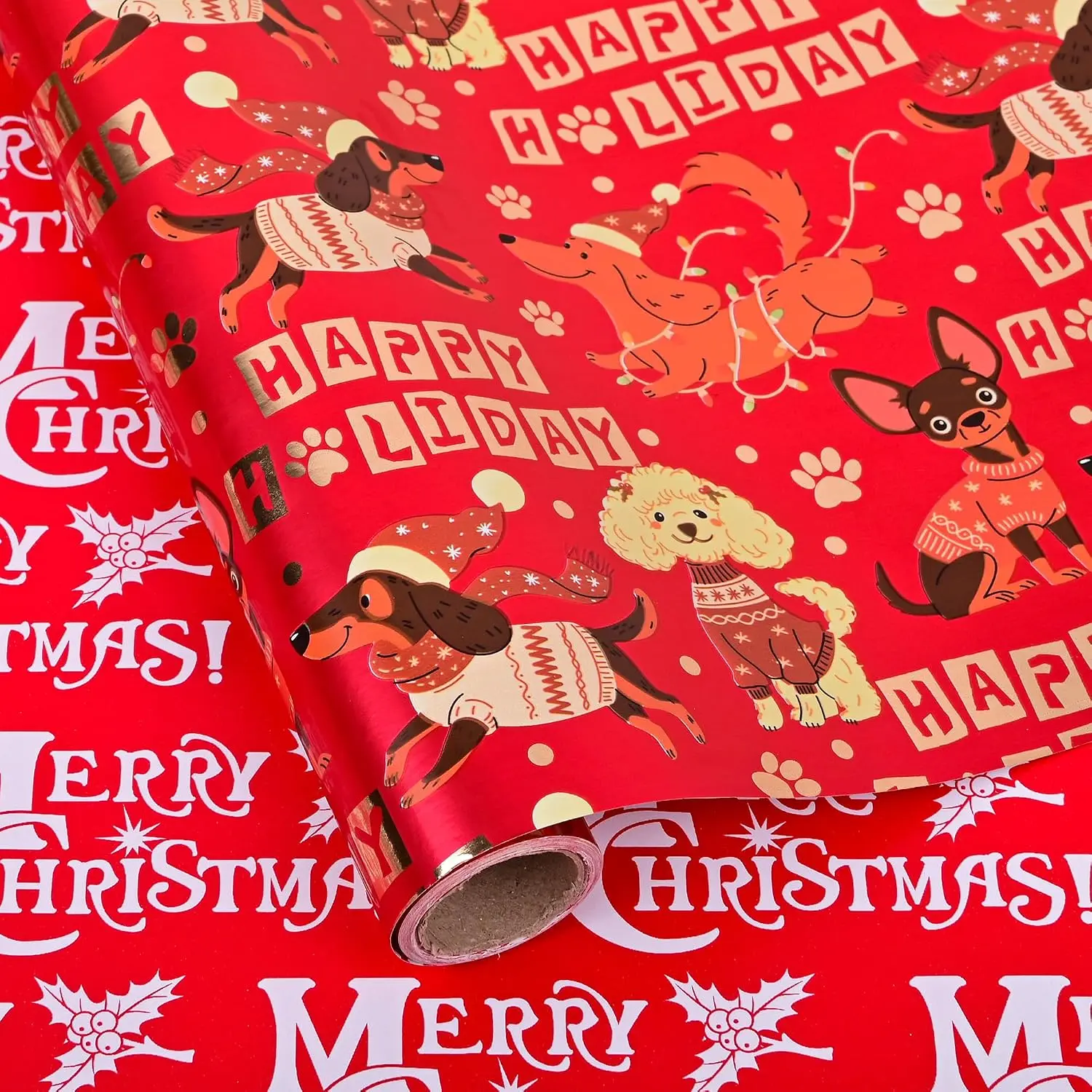 Reversible Modern Christmas Wrapping Paper Roll - Red Metallic Foil Finish Wrap for Girls' Holiday Winter Celebration (17x16.5ft)