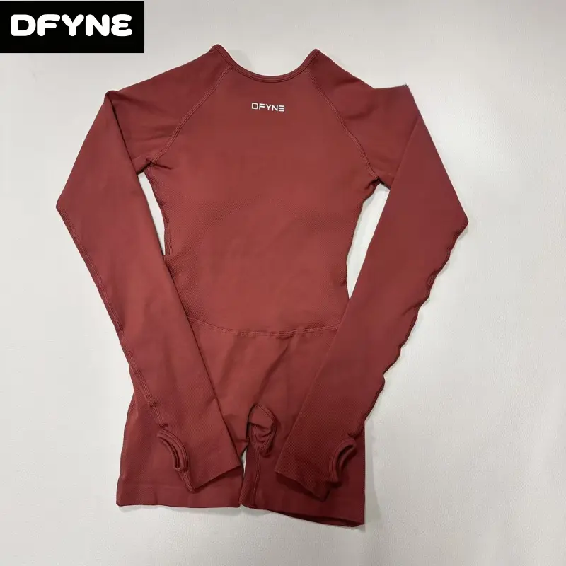 DFYNE Seamless Long Sleeve Romper with Built-in Bra: One-Piece Workout Bodysuit Shorts