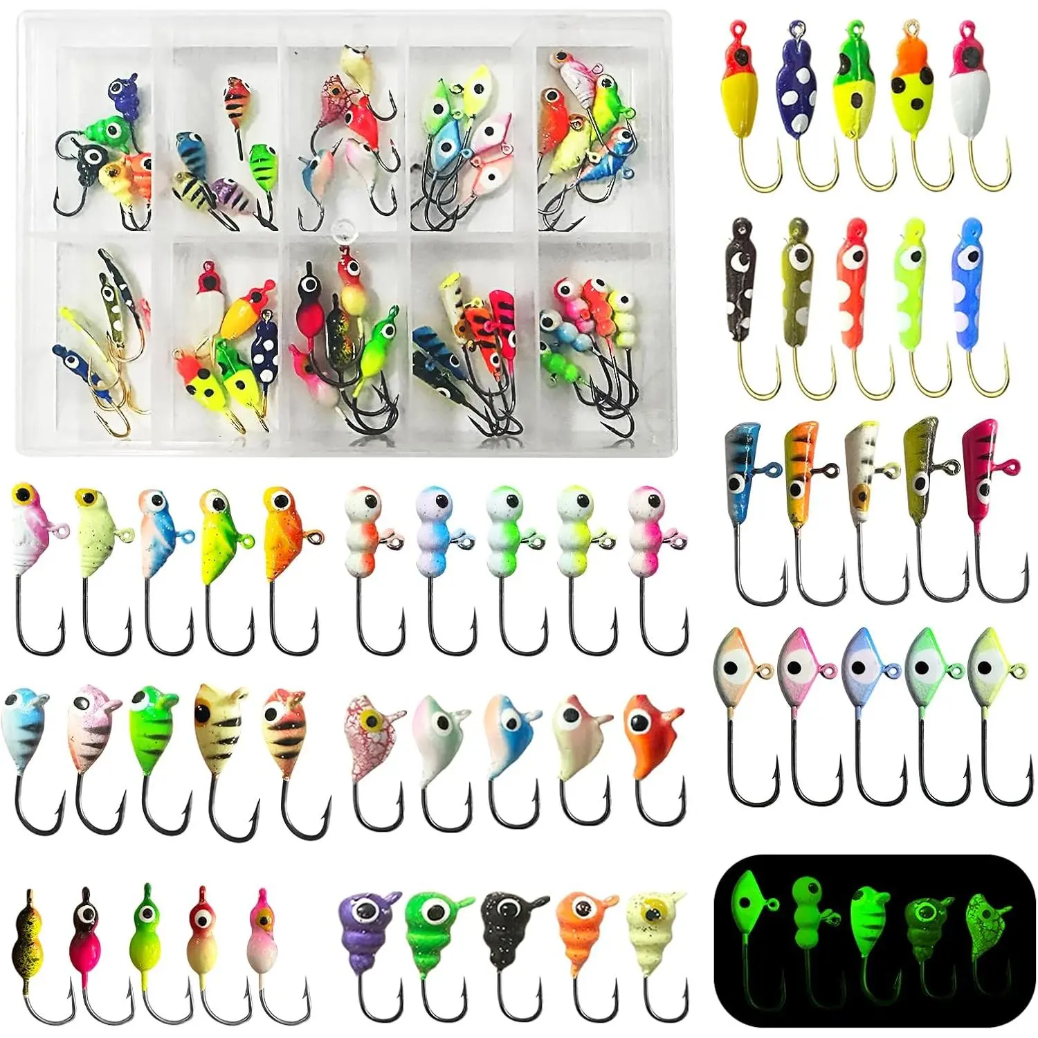 50PCS Ice Fishing Lures Kit, Ice Fishing Jigs  Walleye Perch, Jigs Heads  Ice Fishing Tackle, Panfish Crappie Perch Sunfish Pike bluegills Jigs
