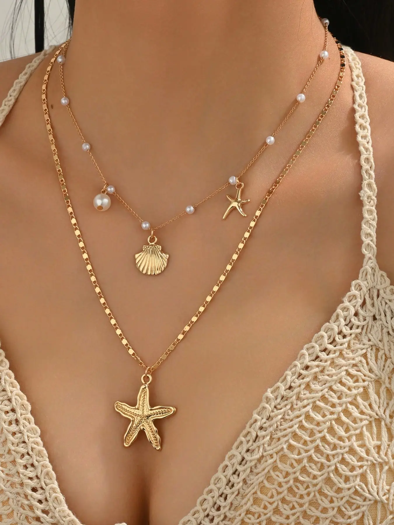 2pcs Beach Vacation Layered Dainty Boho Necklace Set for Women, Starfish & Seashell Pendant Double Chain Necklace with Faux Pearl Accents, Ocean Inspired Coastal Jewelry, Trendy Boho Summer Accessory for Daily Wear, Holiday, Resort, Party and Gift