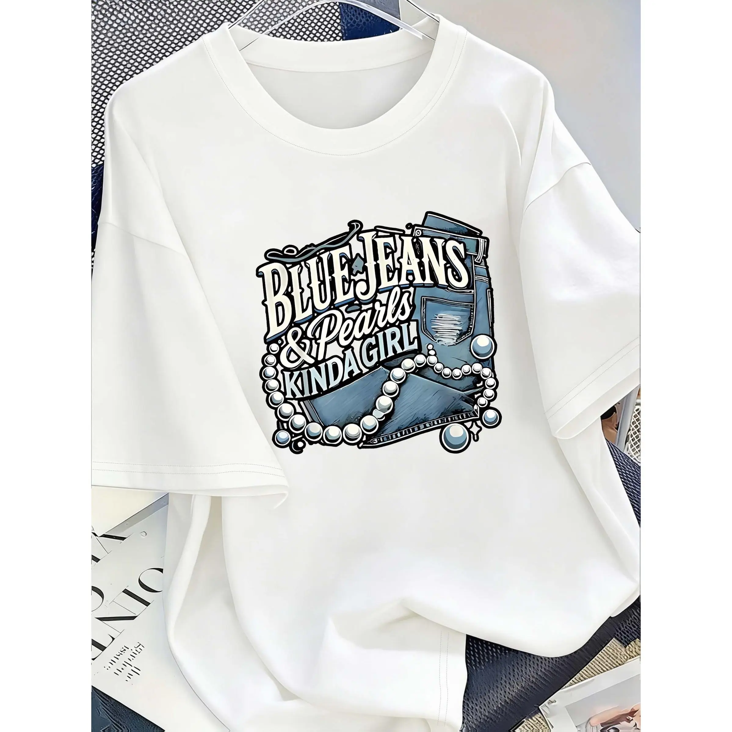 Women's Classic Breathable Pure Cotton Round Neck Shortsleeve Sports Top - Glossy Denim Print, Southern Chic Graphic, Casual Streetwear, Stylish Gift