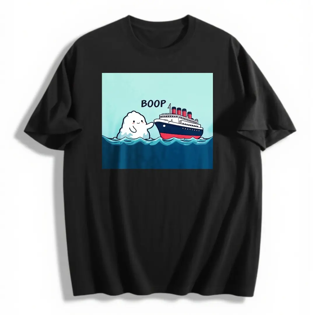 Casual Funny Men's T-Shirt Cute Iceberg Booping Ship Cartoon Graphic Tee Summer Beach Vacation Gift For Boyfriend Husband Son,100% Cotton Unisex Oversized  Tshirt (S-5XL)