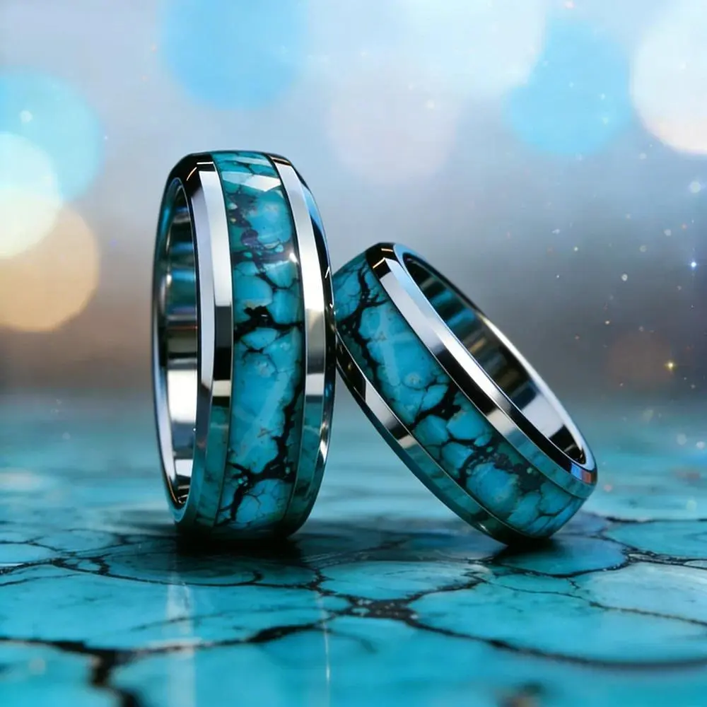 Men's 8mm Vintage Punk Stainless Steel Band Ring - Celtic Dragon Motif, Blue Turquoise Embedded Stones, Handmade Bridal Engagement Anniversary Grunge Rock Alternative Rock Design Jewelry, Bridal Engagement Ring