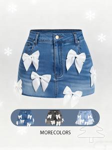 women's bow decor denim skirt, casual fashion skirt for daily wear, ladies bottoms for all seasons, womenswear, egirl skirts, fashionable skirt, trendy flirty skirt