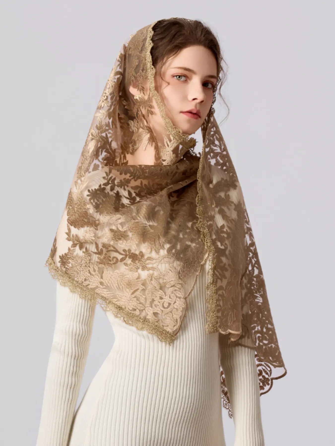 French Lace Headscarf for Women, Vintage Embroidered Trim Veil, Multi-Use Shawl, Scarf Wrap, Elegant Hair Scarf, Stylish Accessory