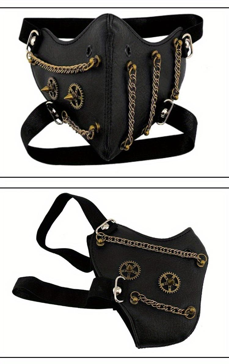Cyberpunk and Steampunk Style Adult Faux Leather Mask with Gold Chain - Fashionable, Avant-garde Halloween Party Accessory, Adjustable Shoulder Strap, Design Options, Halloween Costume
