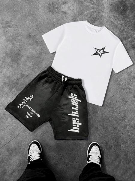 Two-Piece Set Men's Star Print Short Sleeve Tee & Drawstring Waist Shorts Set, Regular Fit Casual Round Neck T-shirt & Track Shorts, Men's Summer Clothes