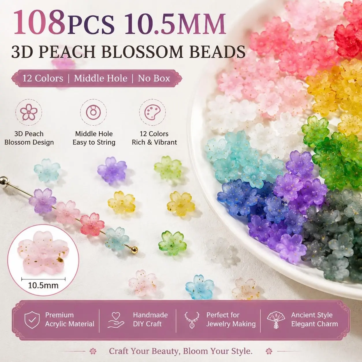 108pcs 10.5mm Multicolor Peach Blossom Beads, DIY Antique Style Hairpins, Handmade Jewelry Making Supplies, DIY Craft Embellishments, No Box Included