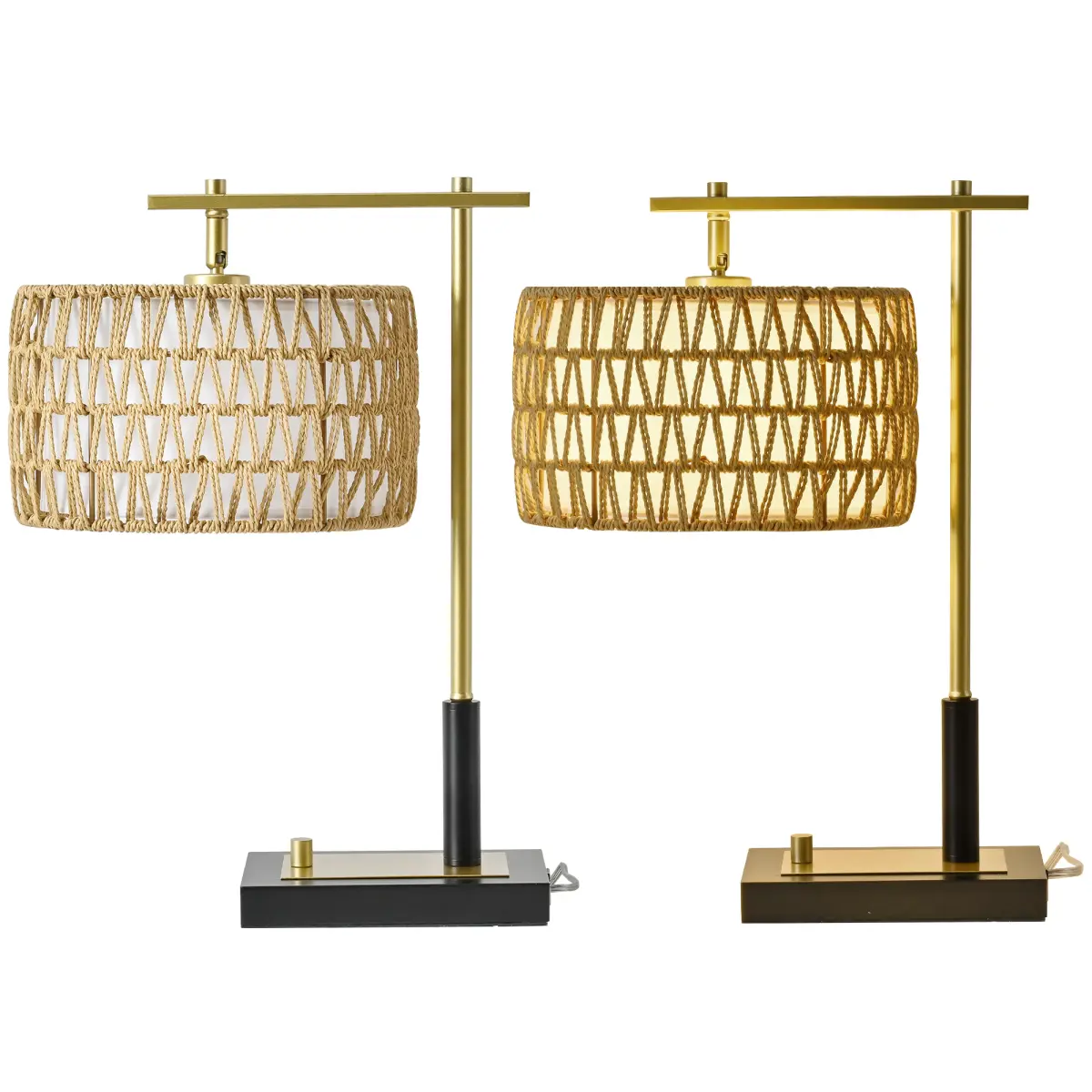 19 Inch Table Lamp Set of 2 with Rope and White Fabric Lamp Shade for Bedroom & Living Room (Bulbs not included)