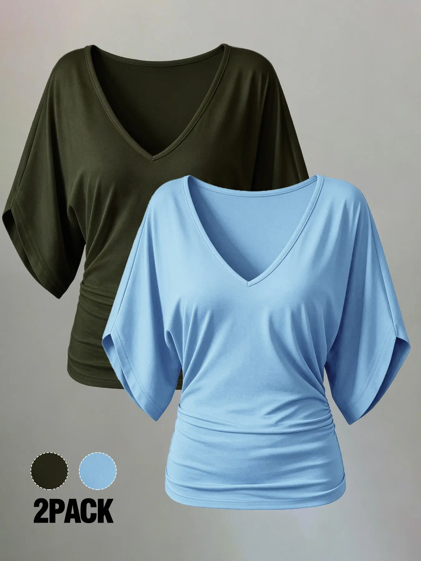 Two-Pack Women's Ruffle Batwing Sleeve V-Neck T-Shirt, Slim-Fit Casual Top, Spring & Fall, Plain Color, Elastic Waist, Multiple Colors Available