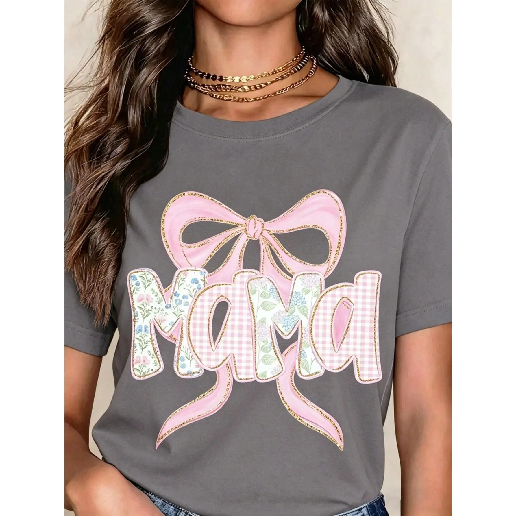 Mother's Day Mama Bow T-Shirt Pink Floral Design Women's Casual Top Gift For Mom,Easter Outfits For Women,Mother's Day Gift Outfits,Summer Outfits