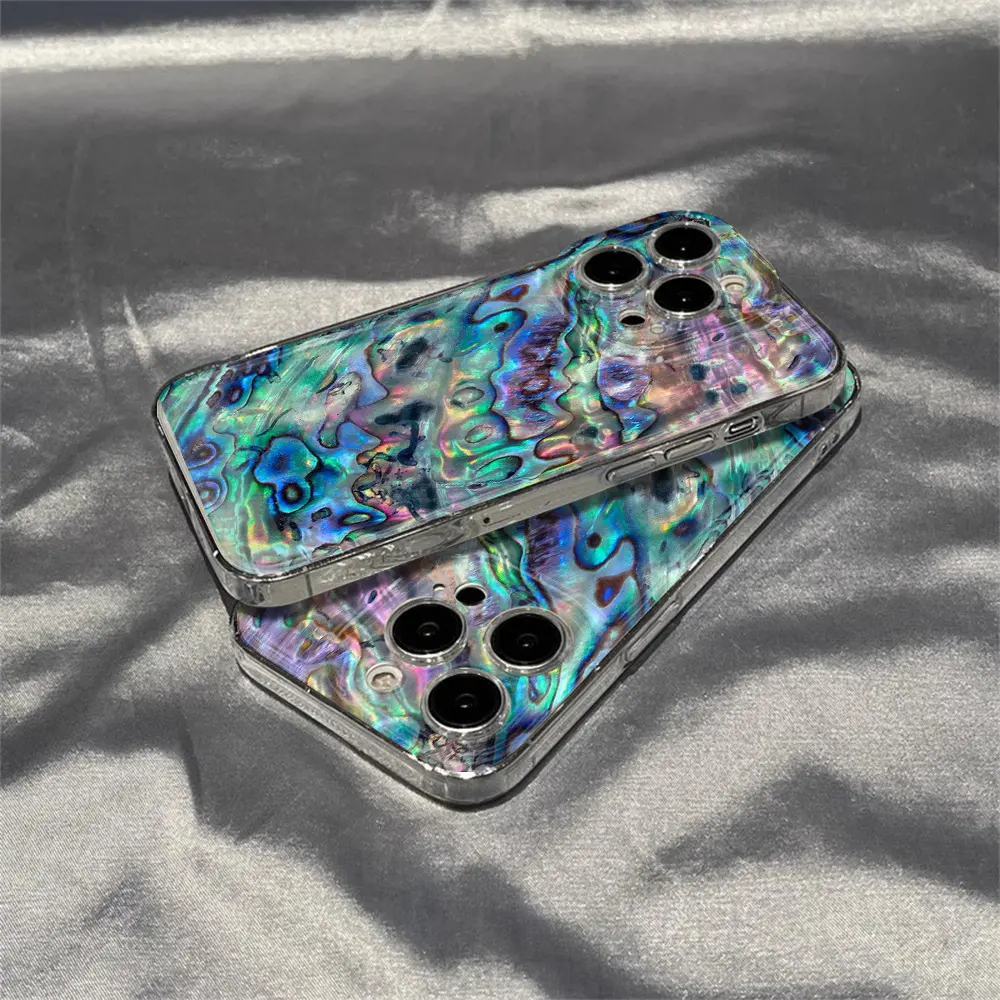 Mood In Case phone case with an iridescent abalone shell and ocean-marble composition