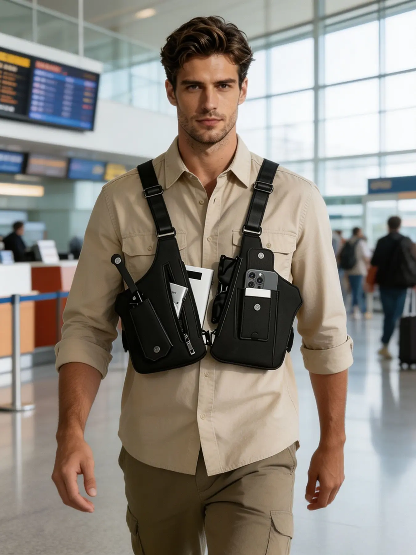 Men Multi Pocket Chest Vest Double Side Design EDC Daily Carry Storage Vest Snap Button Card Slot Zipper Pouch Portable Chest Bag For Travel Hiking Street