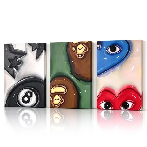 3 Piece Frameless Canvas Art Set, Canvas Painting, Fun Cartoon Abstract Wall Decor, Modern Home Office Bedroom Decoration, Creative Moving Gift