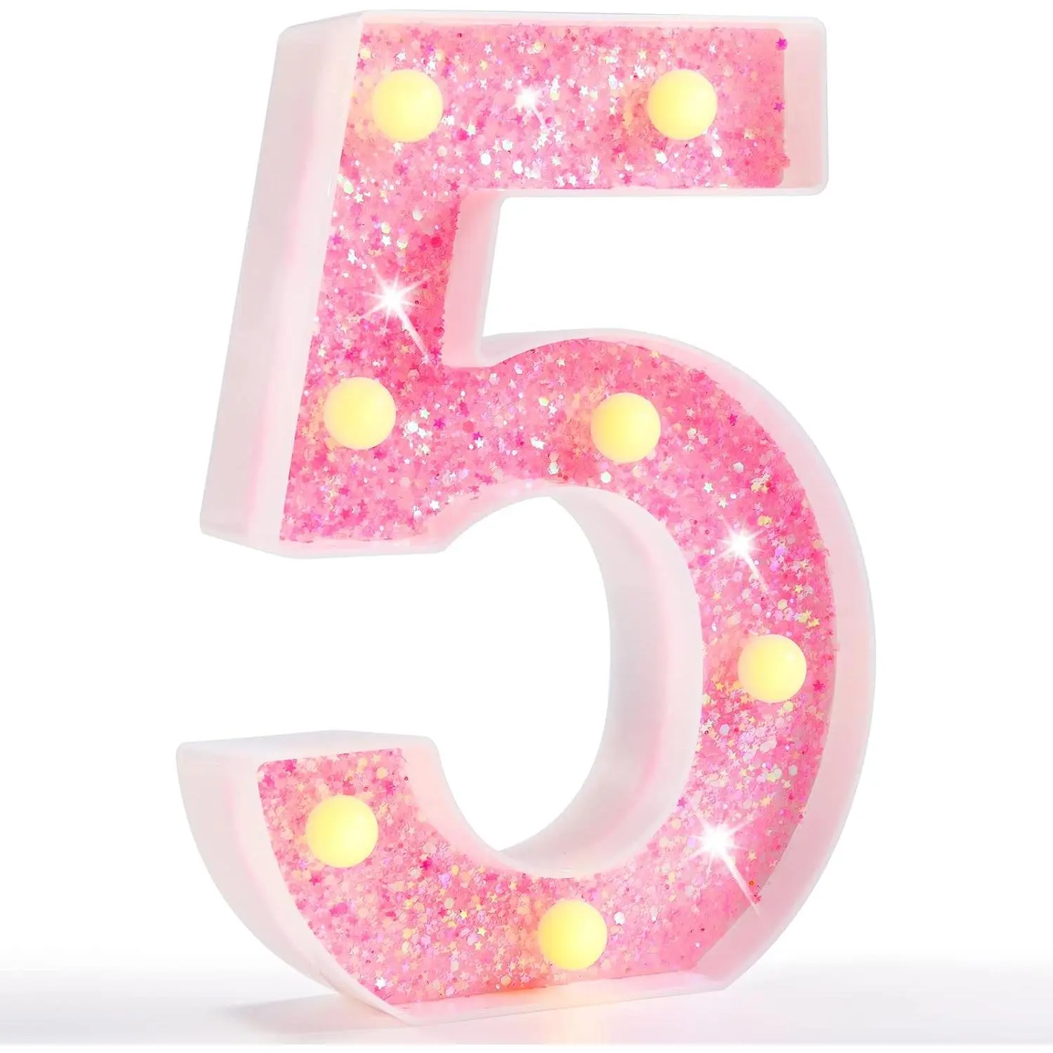 Marquee Number Lights, Up Numbers for Girls 5th 15th Birthday, Battery Powered Glitter Number Night Light Gift for Christmas Bedroom Dorm Decoration, Pink Number 5