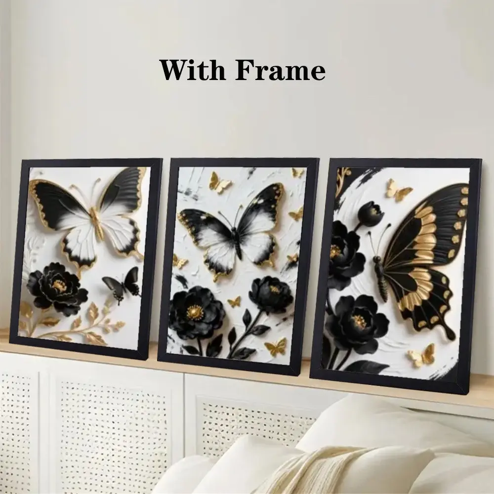 3 Piece Butterfly Floral Canvas Art Prints, Elegant Neutral Home Decor, Wall Art for Living Room, Kitchen, Bedroom, Framed and Unframed Options