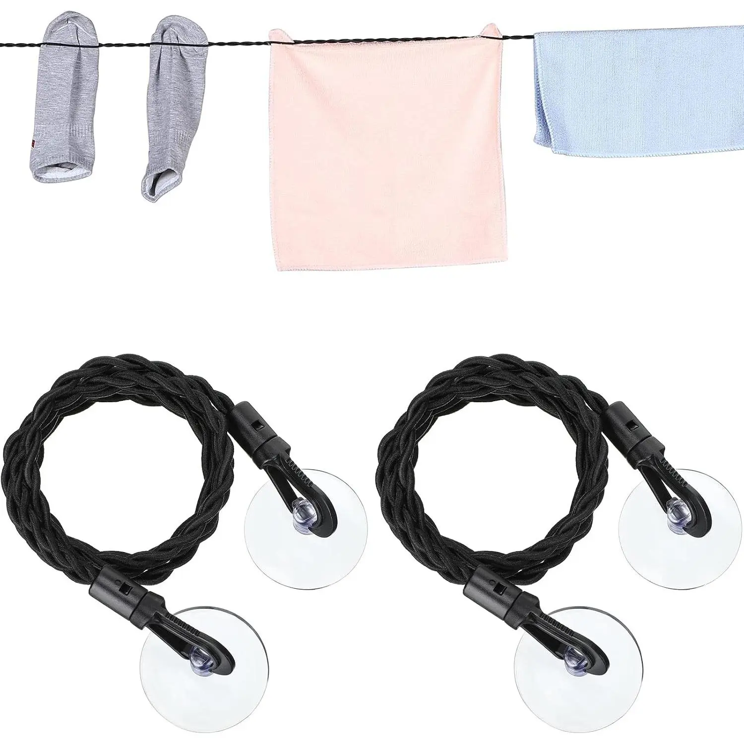 2 Pieces Travel Clothesline Portable Retractable Clothesline with Hooks and Suction Cups Camping Accessories Cruise Essentials for Outdoor and Indoor Use (Black)