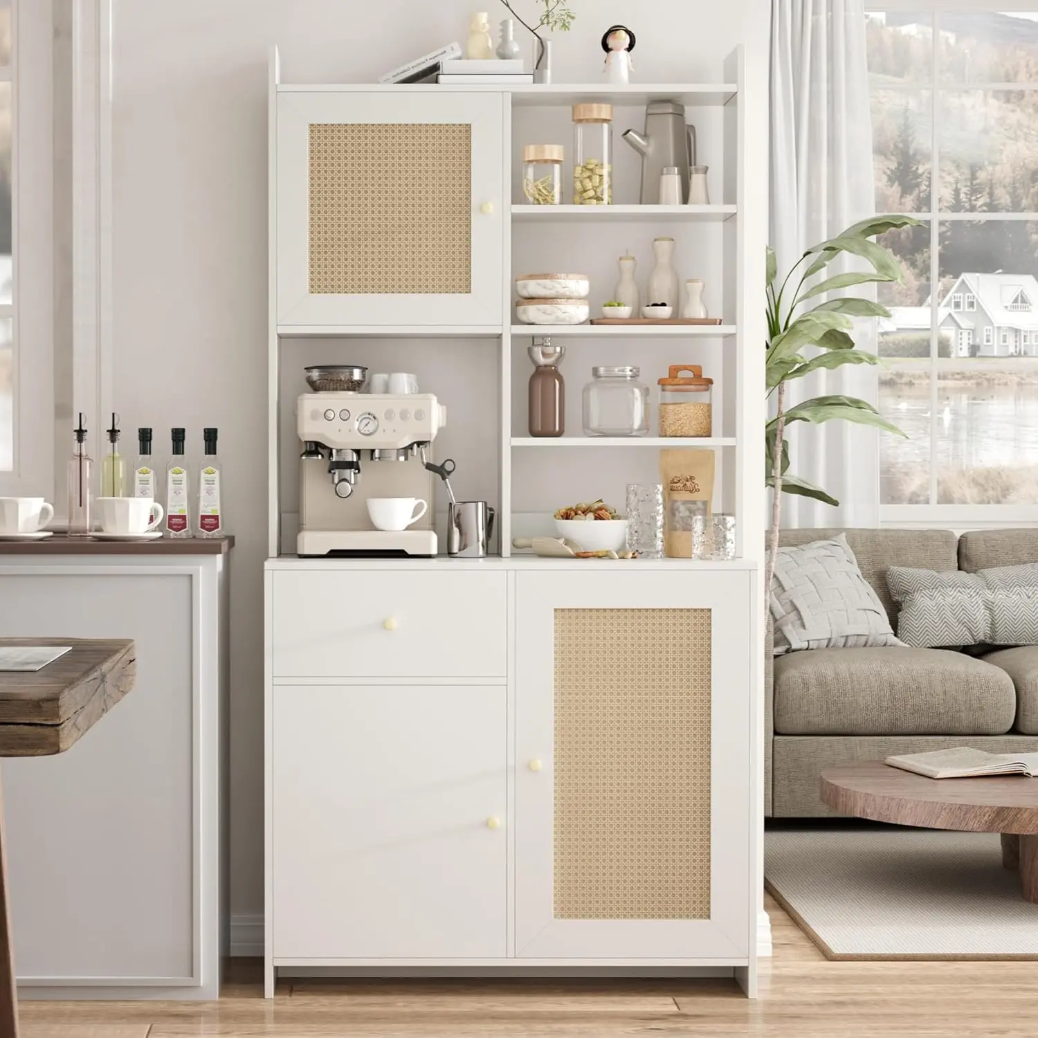 71 Inch Tall Kitchen Pantry Storage Cabinet with Drawer, 3 Adjustable Shelves & 3 Rattan Doors, Kitchen Hutch with Microwave Stand for Kitchen, Dining Room