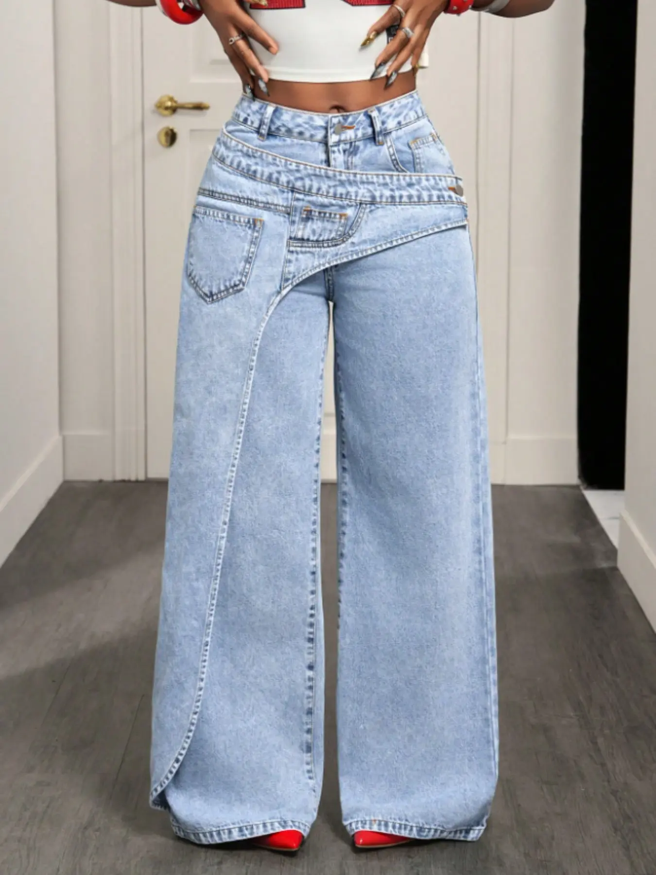 Women's Asymmetrical Cross Waist Wide Leg Jeans, Deconstructed Patchwork Design, 3D Pockets, Casual Street Style, All Seasons