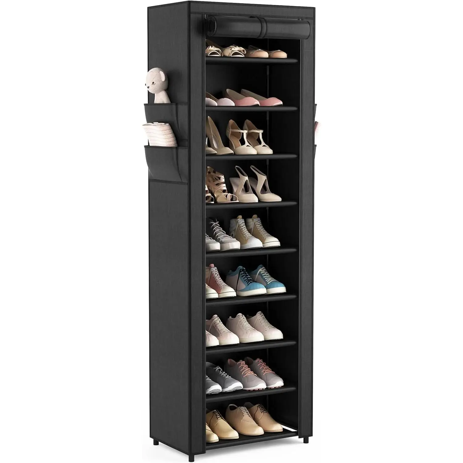 Narrow Space-Saving Covered Organizer, 10-Tier Tall Storage with 4 Side Pockets, Holds 18-22 Pairs of Shoes & Boots for Closet, Entryway, Garage