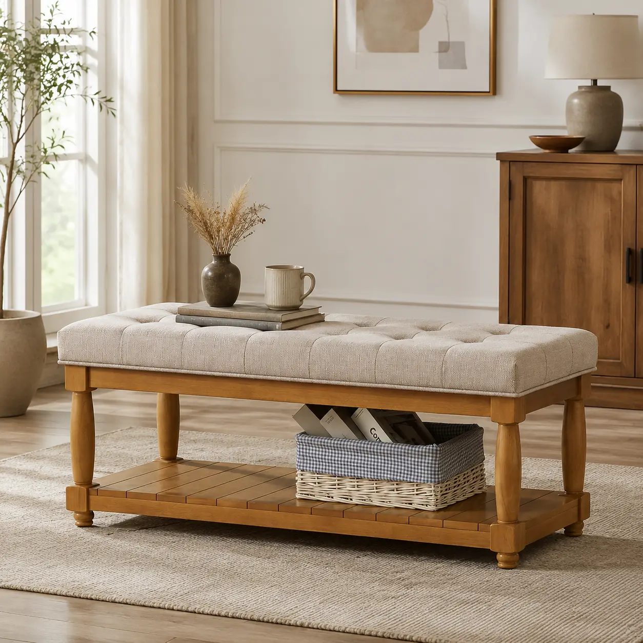Littleox Upholstered Linen Bench with Storage Shelf - Tufted Ottoman Bench for Bedroom Entryway Living Room, Solid Wood Spindle Legs Accent Furniture