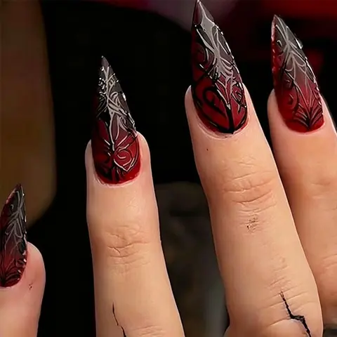 24-Piece Halloween Long Point Nails, 3D Blood Spider Web Gradient Crazy Nail Art Set, Includes Nail Flye and Adhesive Tabs, Perfect for Parties and Gifts