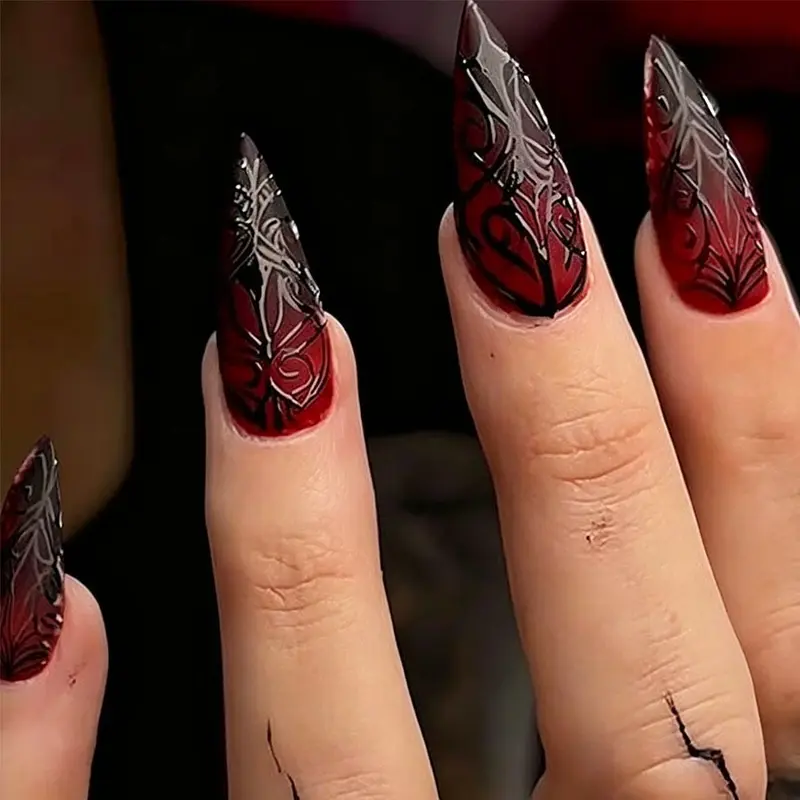 24-Piece Halloween Long Point Nails, 3D Blood Spider Web Gradient Crazy Nail Art Set, Includes Nail Flye and Adhesive Tabs, Perfect for Parties and Gifts