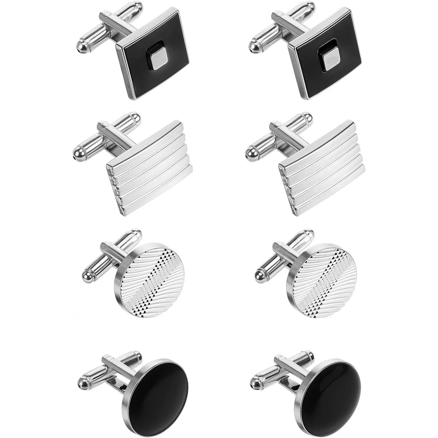8 Pcs Men's Classic Cufflinks Cuff Links for Men Silver Black Striped Disc Square Rectangle Cuff Links Shirt Suit Men’s Jewelry or Accessories for Wedding Groom Business Elegant Gift.