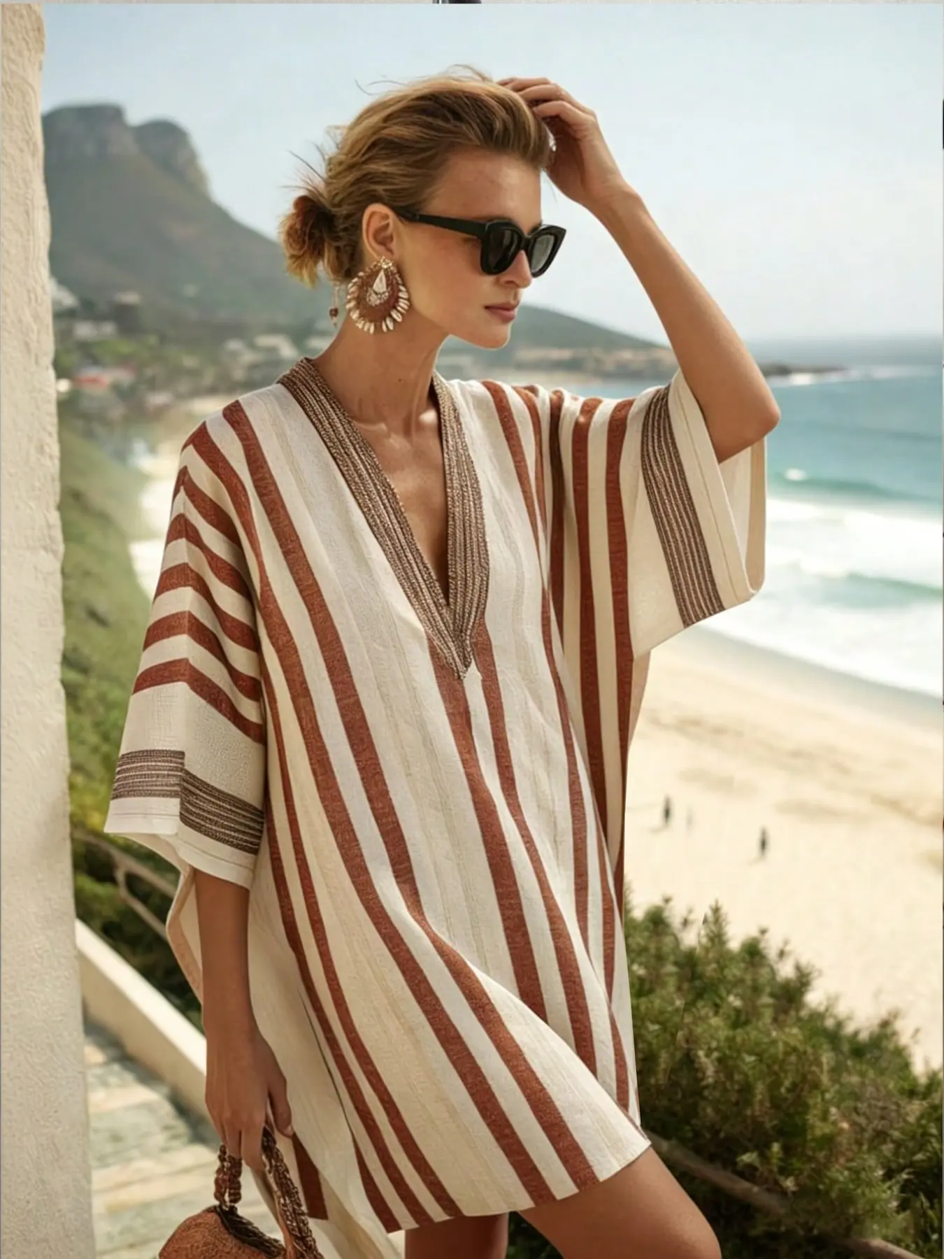 Women's Loose Straight Dress, Bohemian Beach Vacation Style, Knee-Length, Short Sleeve, Casual, Ideal for Beach, Daily Wear, Travel, Beachwear Cover Up, Beach Coverups
