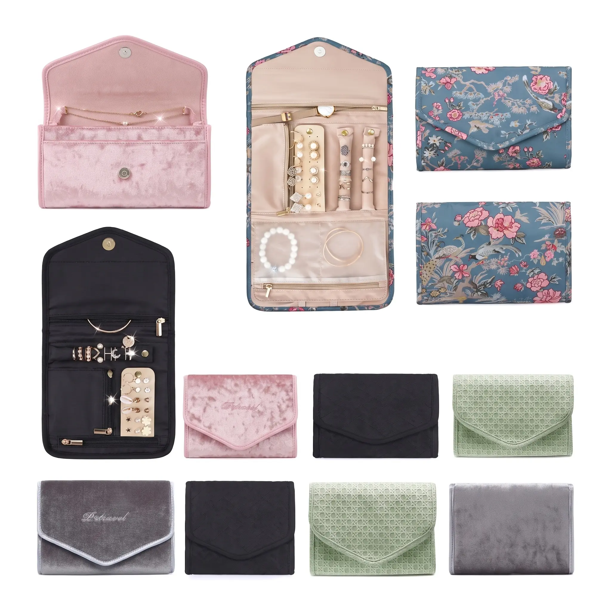 Travel Jewelry Organizer For Necklaces Earrings Accessories Foldable Clutch Style Bag Portable Home Storage Carry On Case Small Pink Black Blue