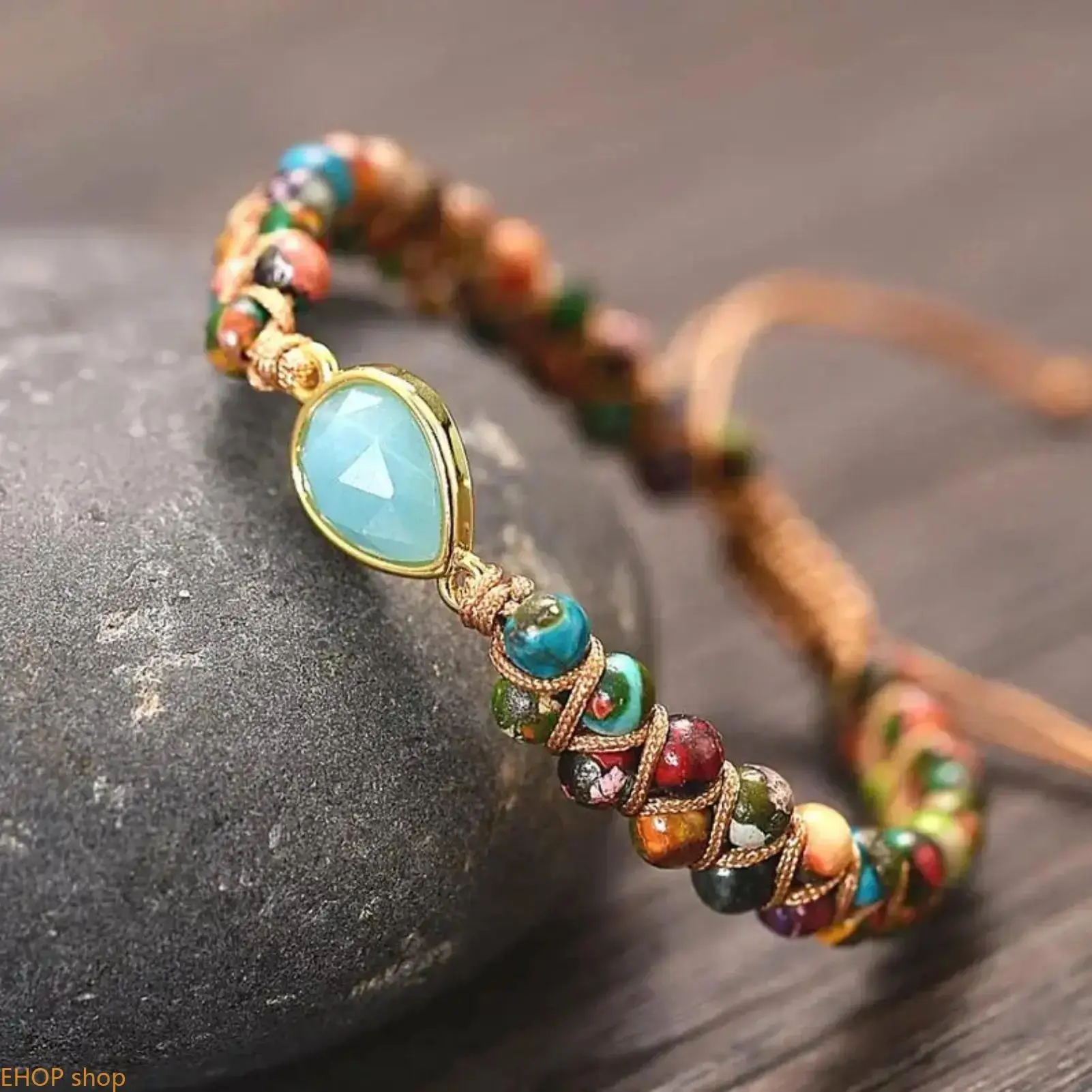Handmade Natural Green Amazonite Sea Sediment Crystal Bracelet - Adjustable Size Unisex Woven Bracelet, Fashion Costume Jewelry for Daily Wear & Special Occasions