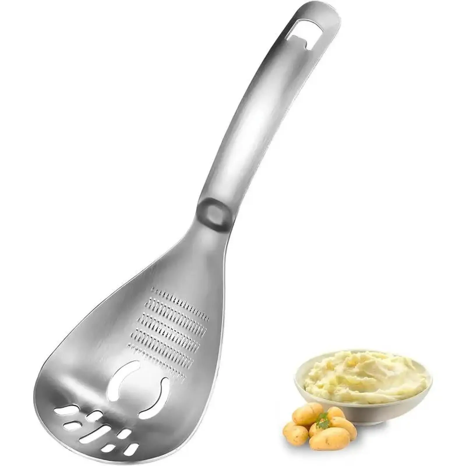 Heavy Duty Food Grade Stainless Steel--Multifunctional Potato Masher with Slotted Spoon & Raw Egg Separator, Durable Kitchen Gadget for Mashing Potatoes,Vegetables,Avocados& Beans, Easy Clean & Dishwasher Safe.